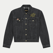 Veste en jean Unchained Trucker Washed Black Deus Ex Machina - face, broderie Highly Flammable Spirit et pin’s poitrine