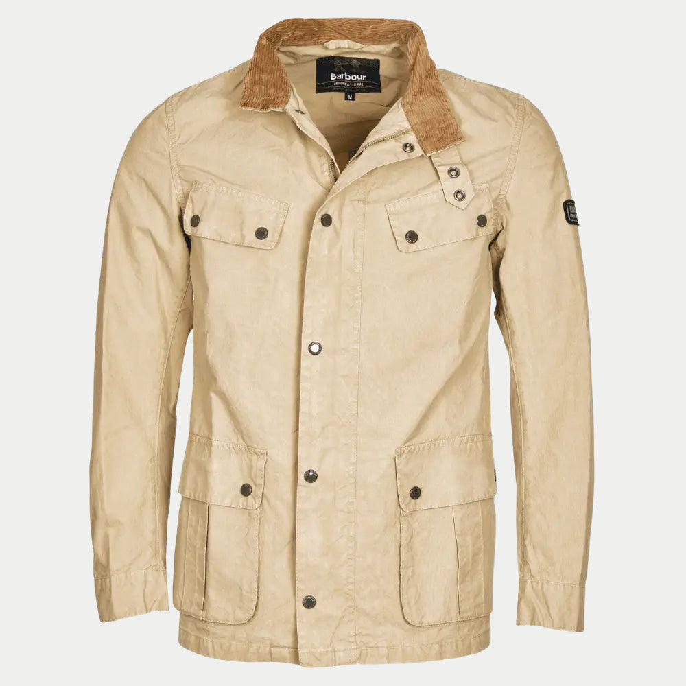 Veste Wash Duke beige sable, col en velours côtelé camel et quatre poches plaquées à rabat