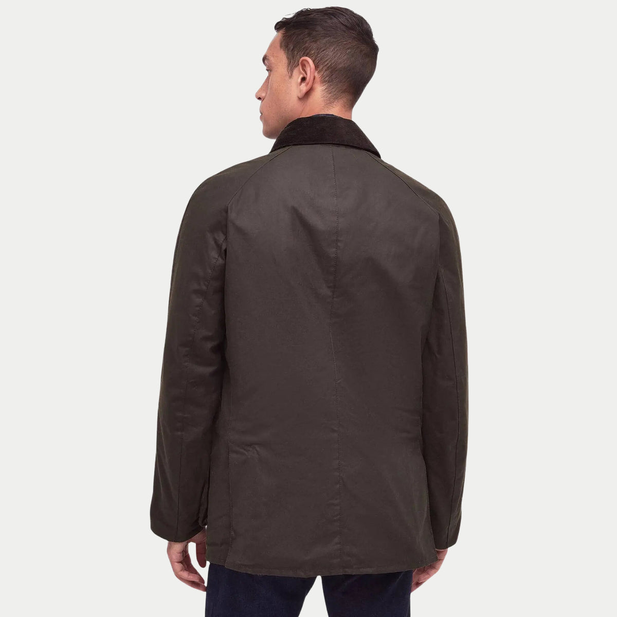 Dos de la veste Ashby olive portée, coton ciré mat, coupe droite et manches raglan