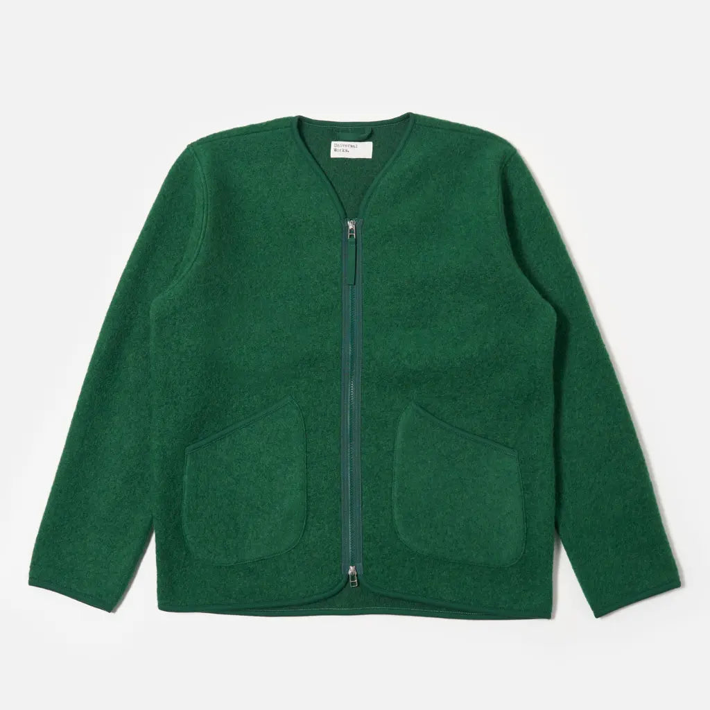 Veste Zip Liner en laine verte à plat, encolure sans col, zip double curseur et poches plaquées