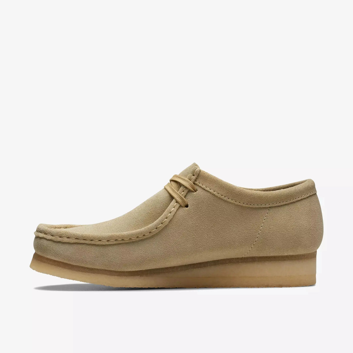 Wallabee Maple vue de profil intérieur, couture mocassin et semelle crêpe