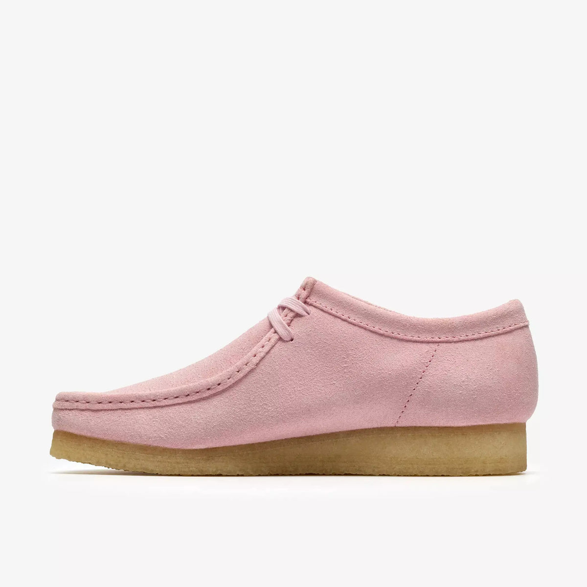 Wallabee Rose Pâle vue de profil intérieur, suède velouté et couture mocassin