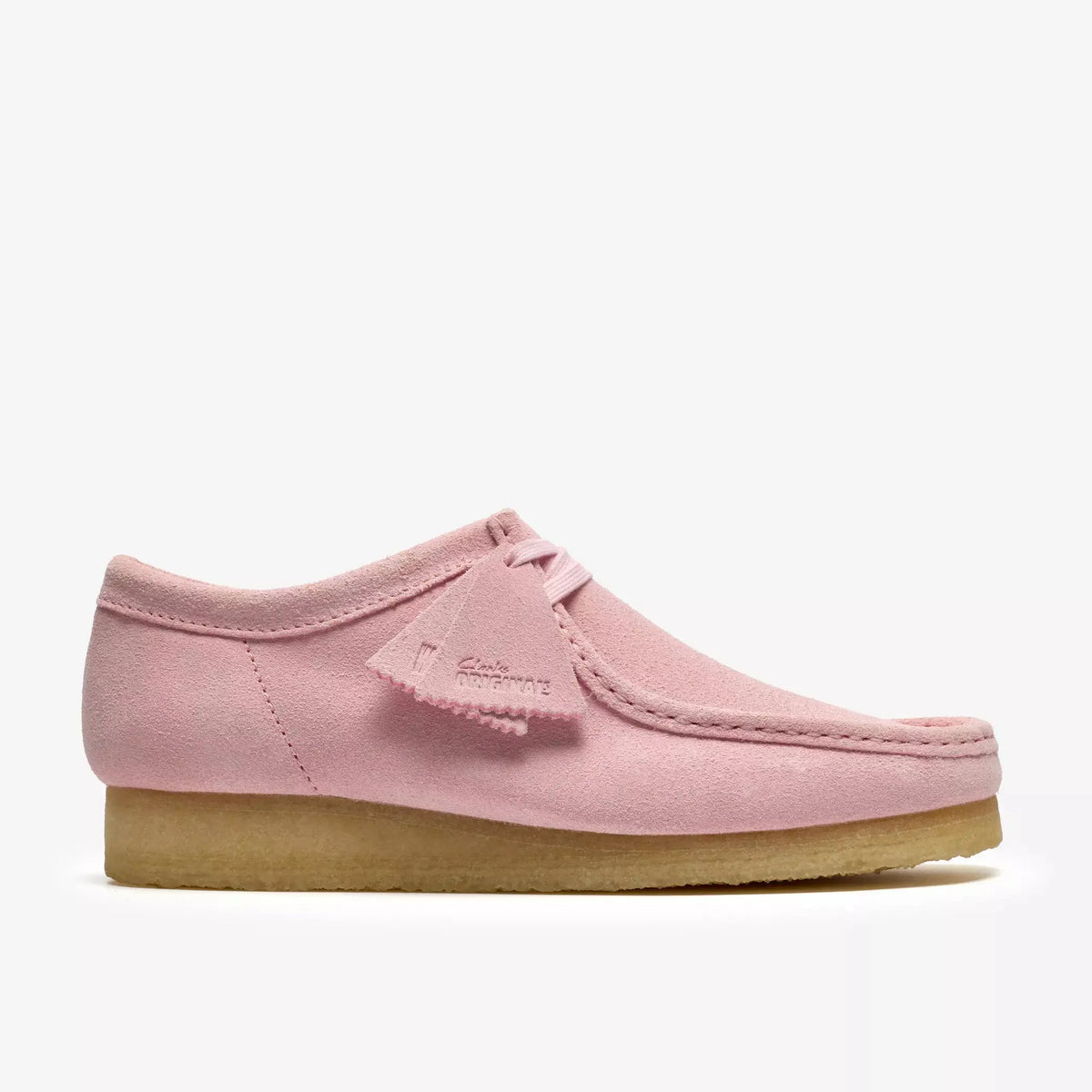 Wallabee Rose Pâle en suède, profil extérieur sur semelle crêpe beige