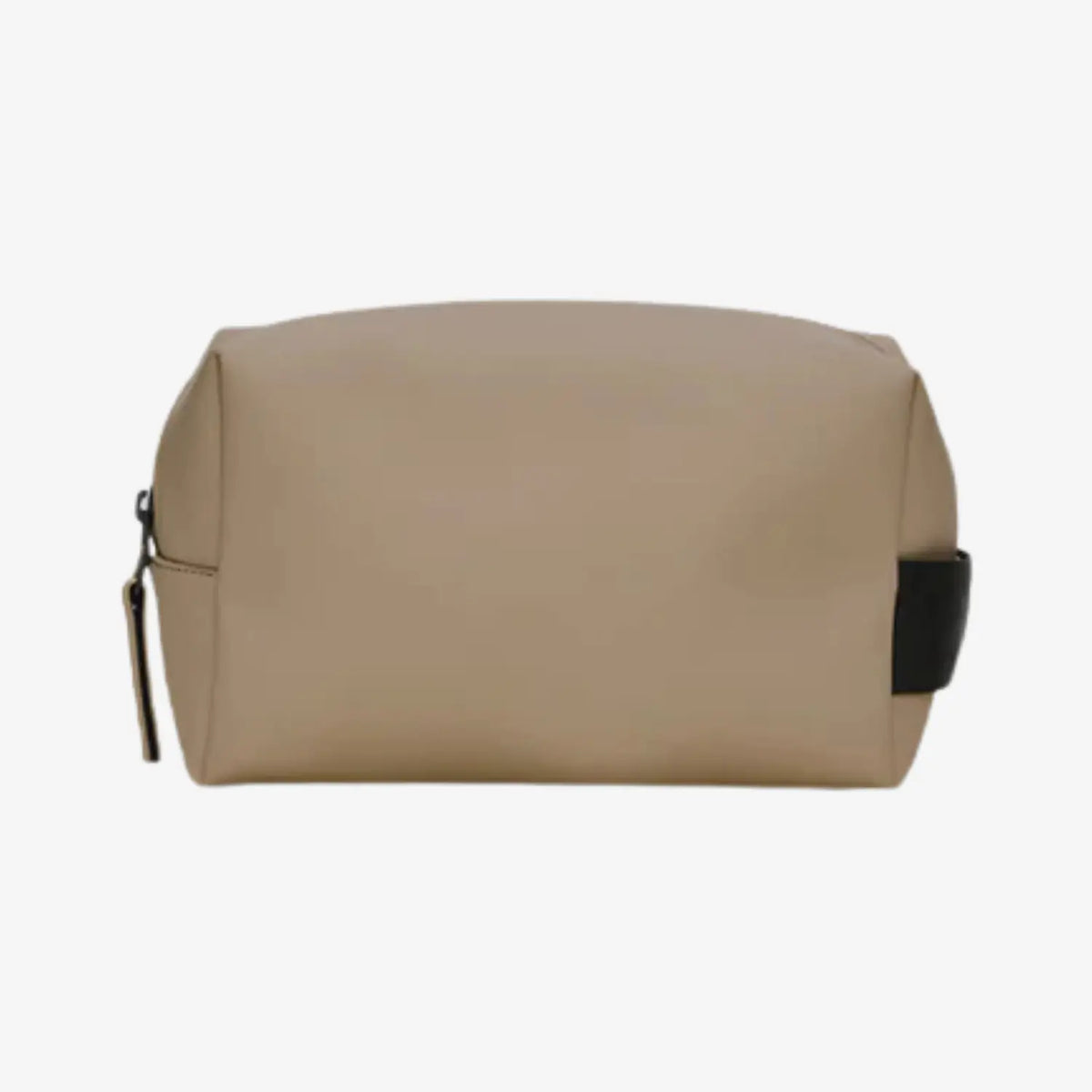 Wash Bag Small beige taupe, trousse de toilette zippée à base plate et patte noire latérale