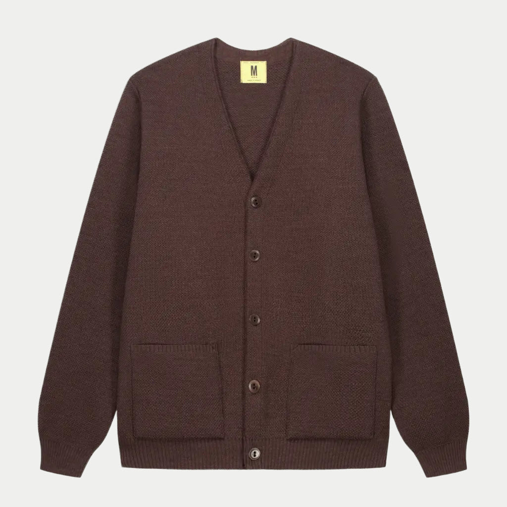 Youri Cardigan en laine marron à plat, col V, cinq boutons et deux poches plaquées