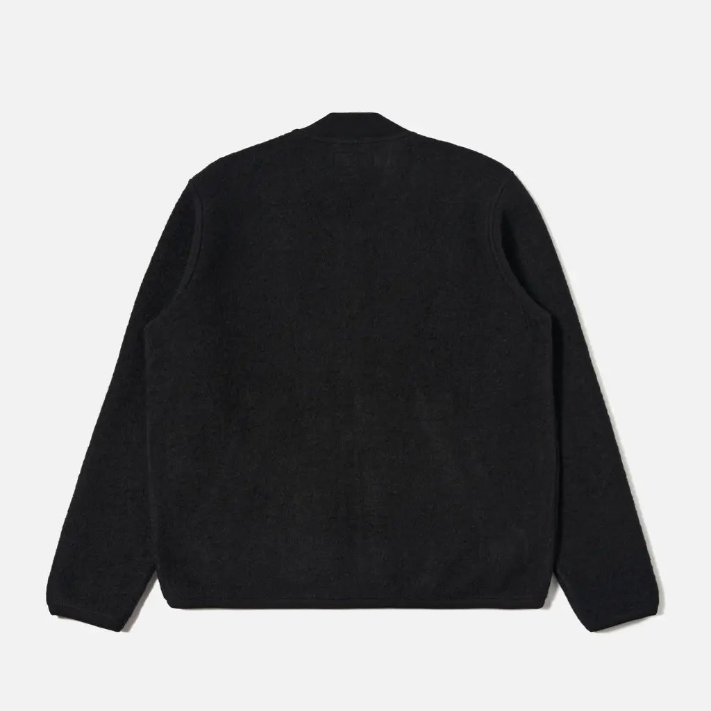 Dos du Zip Bomber noir, laine bouillie unie, épaules droites et bas bordé de côtes