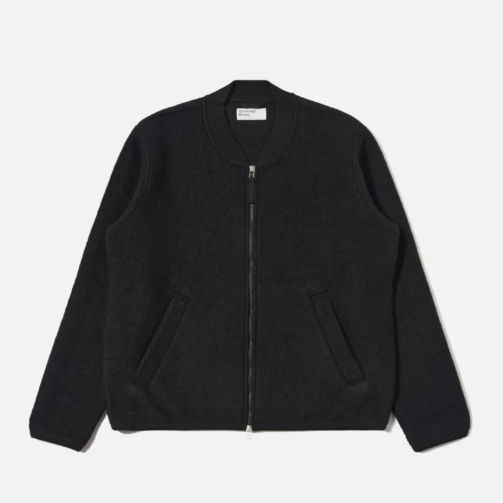 Zip Bomber noir en laine bouillie à plat, col côtelé, zip double curseur et poches passepoilées
